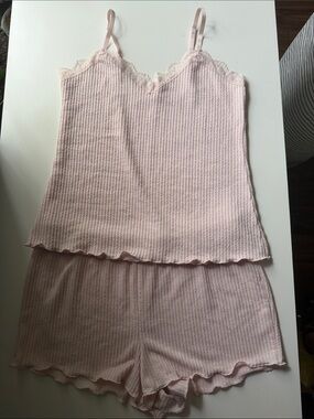Laura Ashley Pale Pink Ribbed Lace-Trim Cami & Shorts Pajama Set